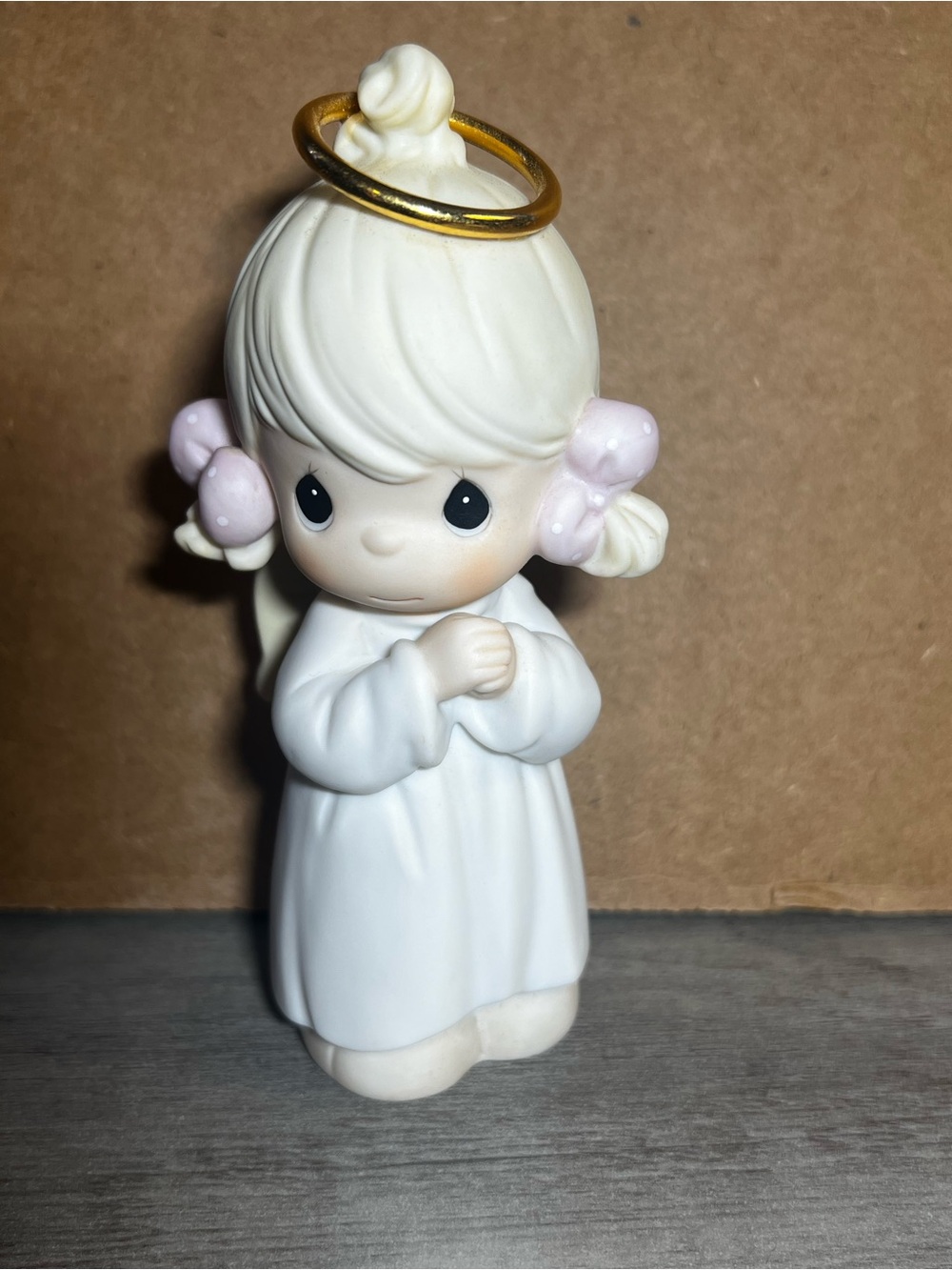 Vintage Precious Moments Angel Figurine with Pink Bows and Gold Halo -2005